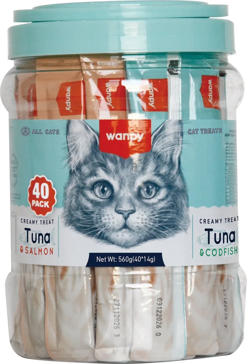 likbare snack - Tonijn & Zalm + Tonijn & Kabeljauw - Voordeelpack 40 stuks - Kattensnacks - Creamy Treat de Wanpy – photo produit