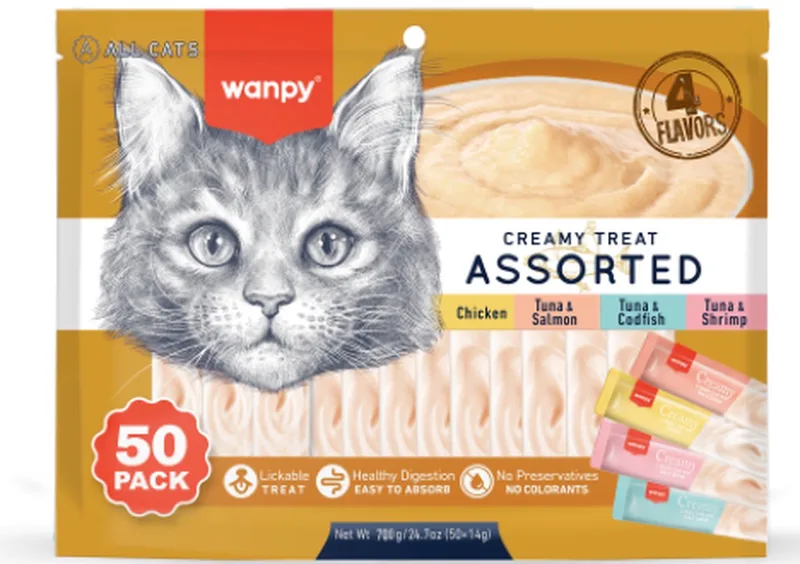 Likbare Snacks 4 smaken - Kattensnacks - 50 Stuks - Kattensnoepjes by Wanpy – product photo