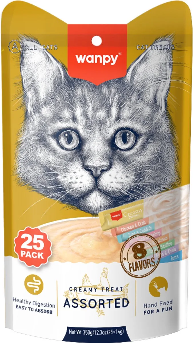 Likbare Snacks 8 smaken - Kattensnacks - 25 Stuks - Kattensnoepjes de Wanpy – photo produit