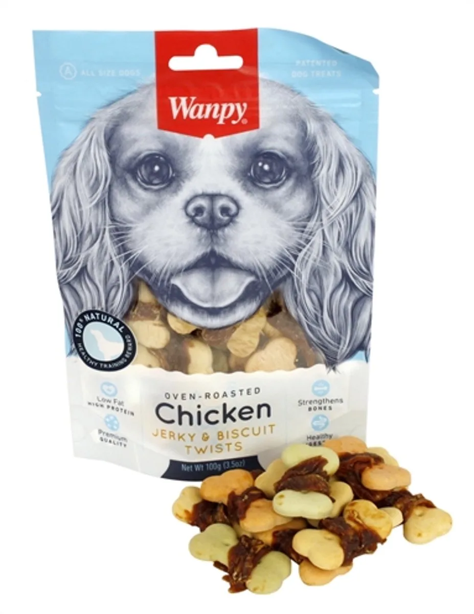 OVEN-ROASTED CHICKEN JERKY / BISCUIT TWISTS 100 GR von Wanpy – Produktfoto