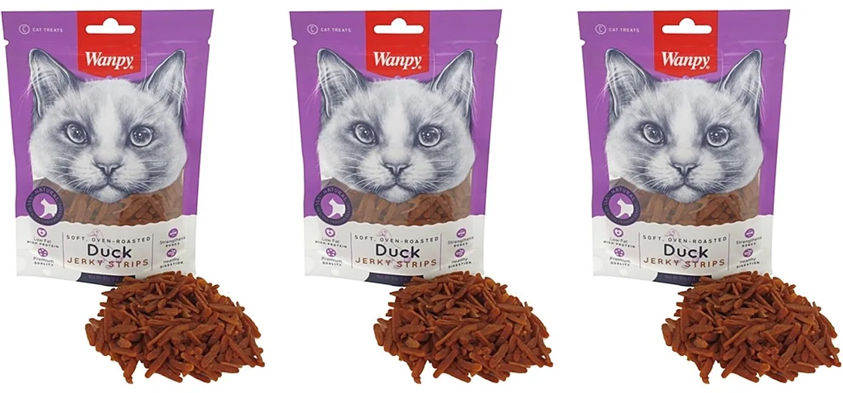 Soft Eend Jerky Strips 80gr - Natuurlijke Kattensnack - 3 stuks - Voordeelset van Wanpy – productfoto
