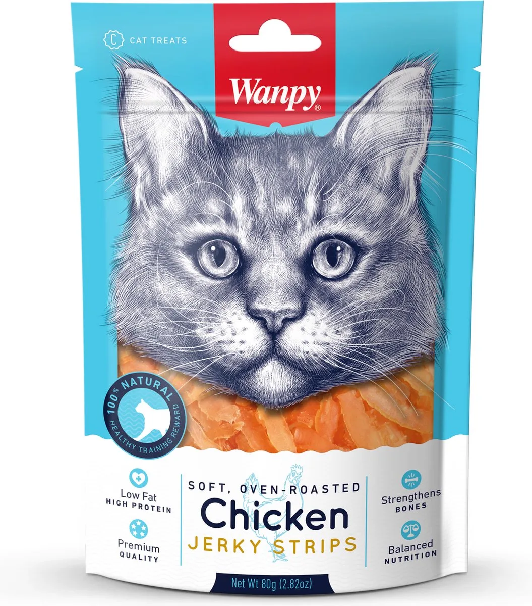 soft oven-roasted chicken jerky strips (80 GR) by Wanpy – product photo