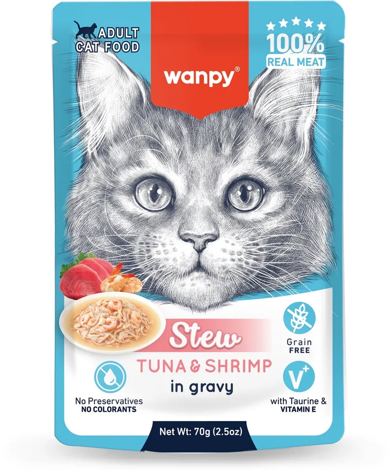 Stoofpot Tonijn & Garnaal - Kattenvoer - Natvoer - 10 stuks van 70gram de Wanpy – photo produit
