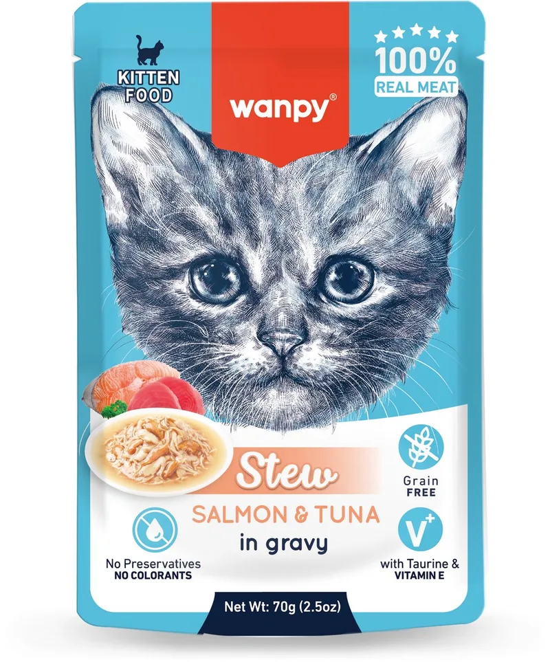 Stoofpot Zalm & Tonijn - Kitten - Kattenvoer - Natvoer - 10 stuks van 70gram von Wanpy – Produktfoto