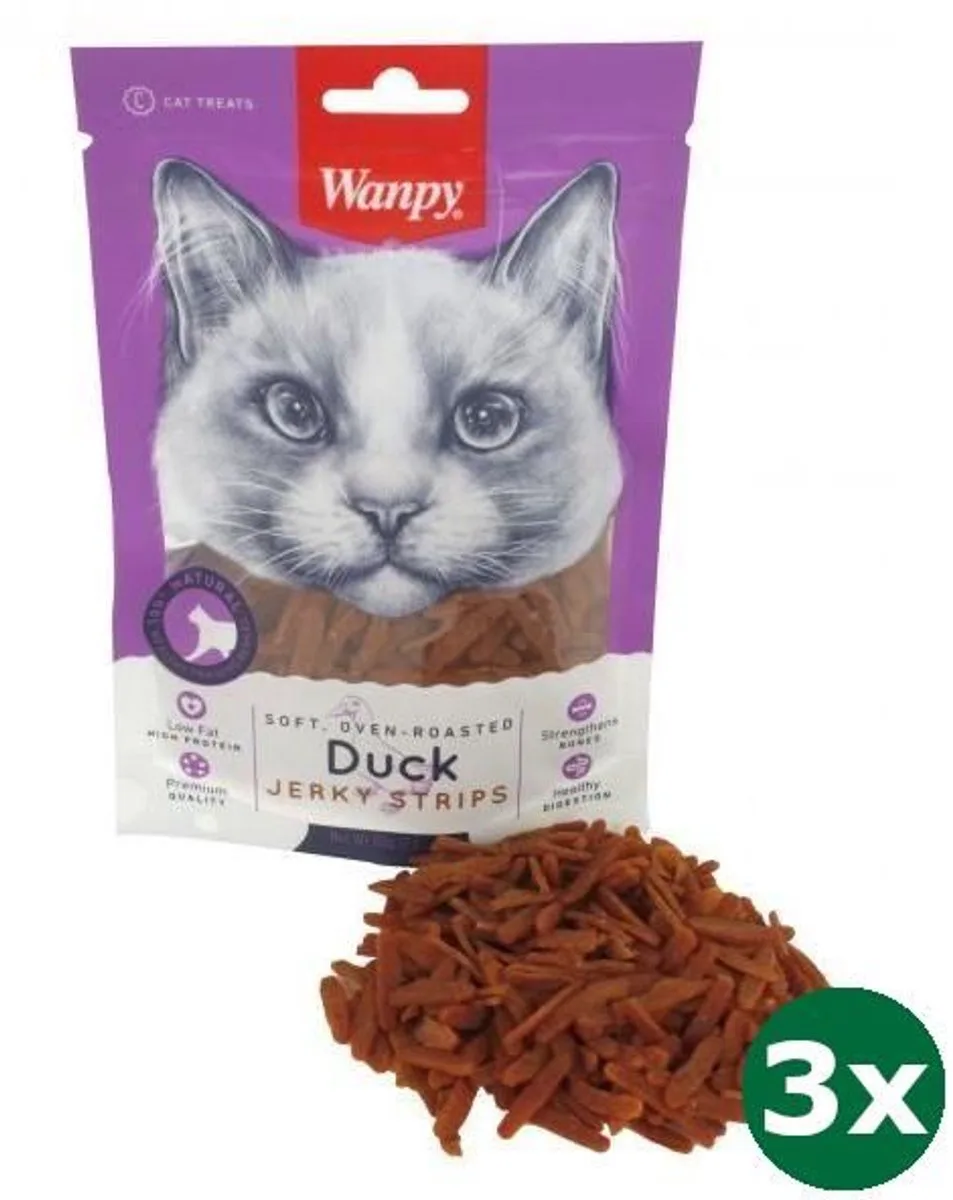zachte ovengeroosterde eend jerky reepjes 3x 80 gr de Wanpy – photo produit