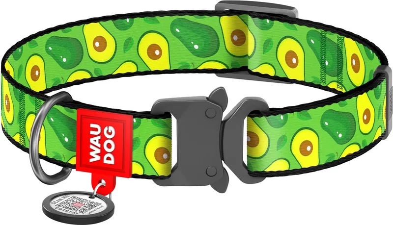 Advacado Halsband / Hondenhalsband - Nylon - Metalen Fastex Sluiting - M - Breedte: 25 mm - Nekomtrek: 31 - 49 cm (GELIEVE ALVORENS BESTELLEN OPMETEN) by Waudog in Green, Yellow – product photo