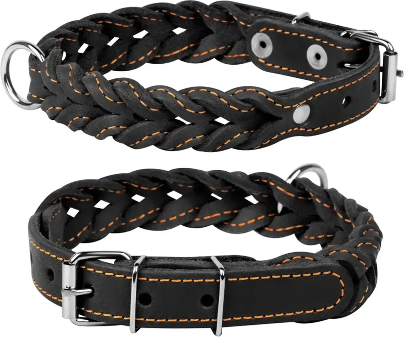 Classic Gevlochten Halsband - Leder - Breedte: 25 mm - Nekomtrek: 42 - 54 cm (GELIEVE ALVORENS BESTELLEN OPMETEN) de Waudog en Noir – photo produit
