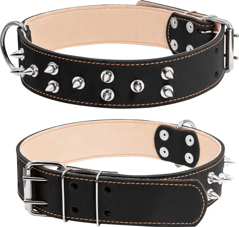 Classic Halsband / Hondenhalsband met Spikes - Leder - Breedte: 4,5 cm - Nekomtrek: 57 - 69 cm (GELIEVE ALVORENS BESTELLEN OPMETEN) fra Waudog i Sort – produktbillede