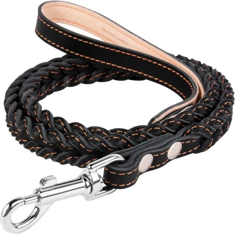 Classic Hondenriem - Gevlochten (plat) - Leder - Breedte: 20 mm - Lengte: 122 cm de Waudog en Noir – photo produit