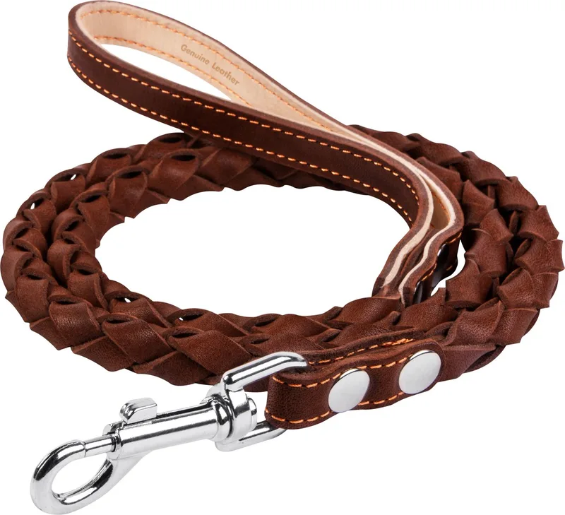 Classic Hondenriem - Gevlochten (rond) - Leder - Diameter: 16 mm - Lengte: 122 cm de Waudog en Marron – photo produit