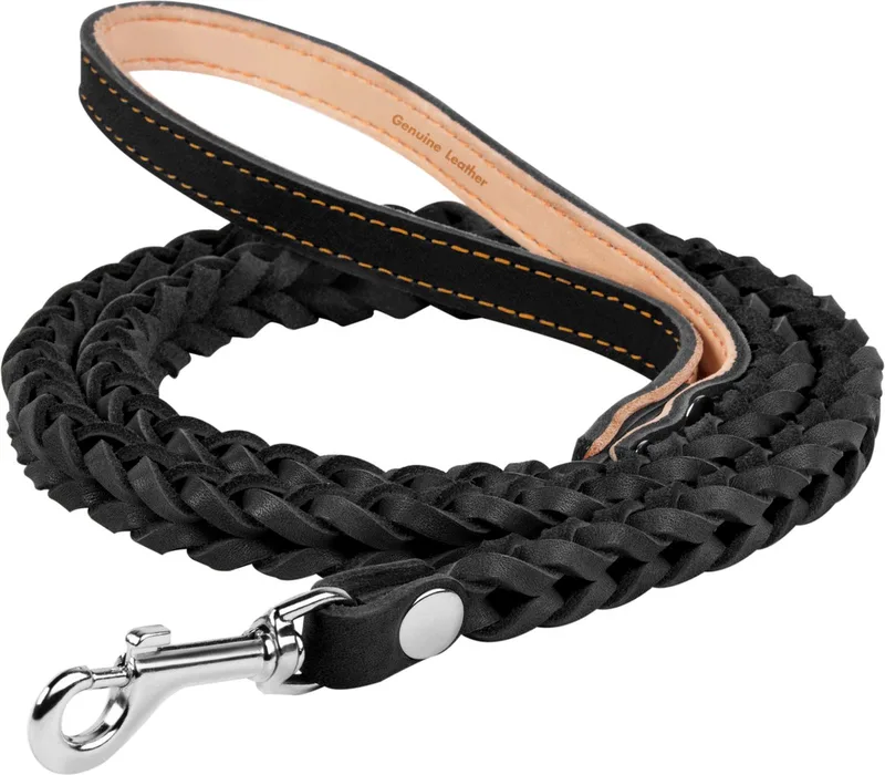 Classic Hondenriem - Gevlochten (rond) - Leder - Diameter: 16 mm - Lengte: 122 cm de Waudog en Noir – photo produit