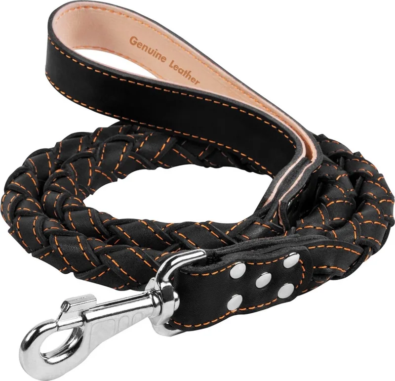 Classic Hondenriem - Gevlochten (rond) - Leder - Diameter: 28 mm - Lengte: 122 cm by Waudog in Black – product photo