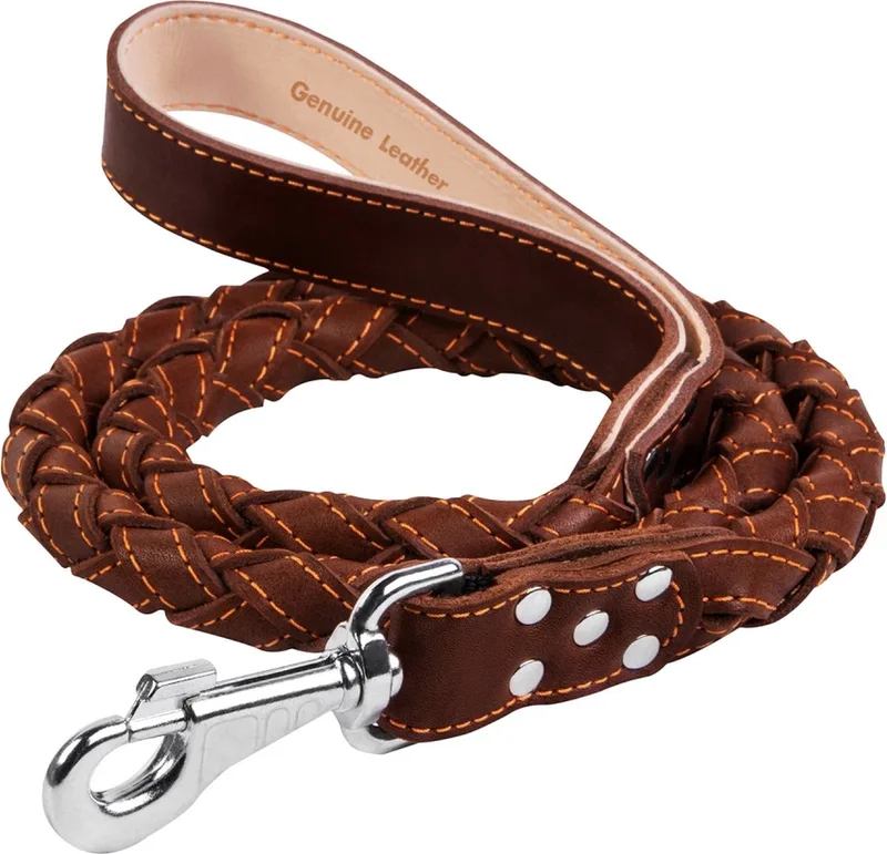 Classic Hondenriem - Gevlochten (rond) - Leder - Diameter: 28 mm - Lengte: 122 cm de Waudog en Marron – photo produit