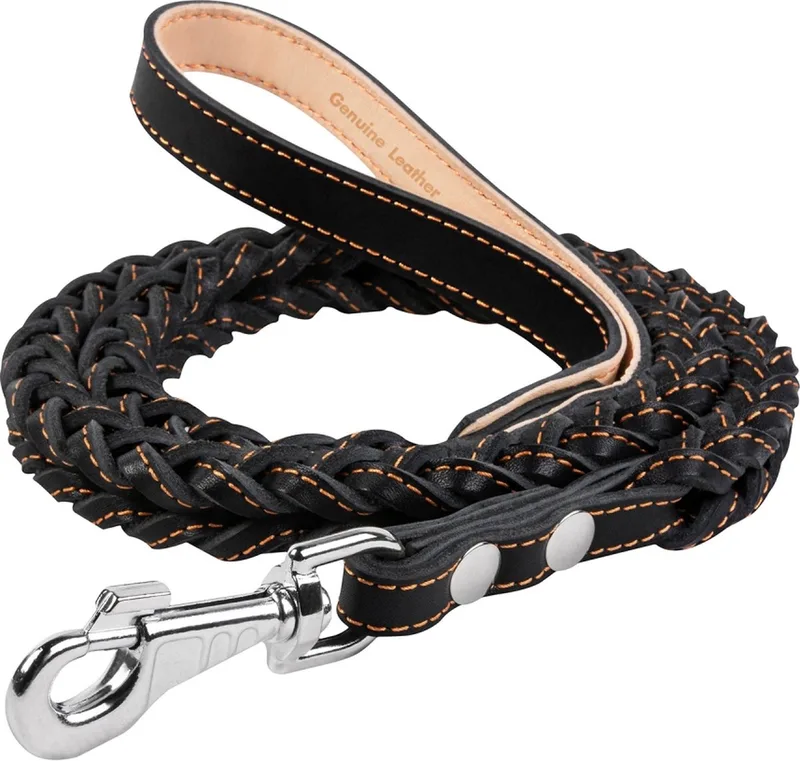Classic Hondenriem - Gevlochten (vierkant) - Leder - Breedte: 20 mm - Lengte: 122 cm de Waudog en Noir – photo produit