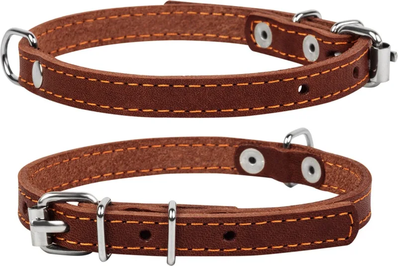 CoLLar Halsband / Hondenhalsband - Leder - Gestikt - S - Breedte: 14 mm - Nekomtrek: 32 - 40 cm (GELIEVE ALVORENS BESTELLEN OPMETEN) de Waudog en Marron – photo produit