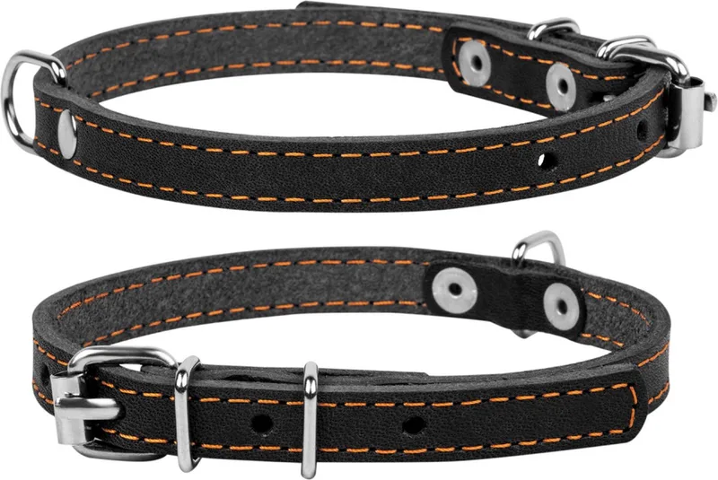CoLLar Halsband / Hondenhalsband - Leder - Gestikt - S - Breedte: 14 mm - Nekomtrek: 32 - 40 cm (GELIEVE ALVORENS BESTELLEN OPMETEN) de Waudog en Noir – photo produit