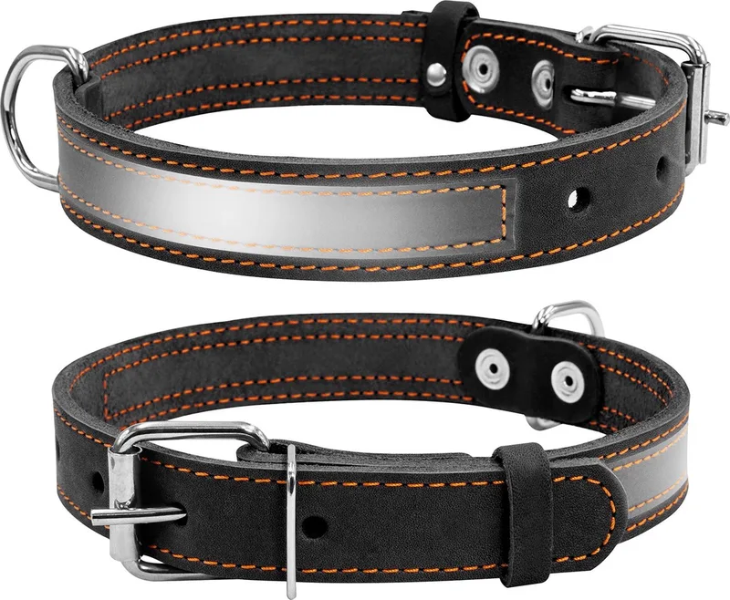 CoLLar Halsband / Hondenhalsband - Leder - Reflecterend - Breedte: 20 mm - Nekomtrek: 32 - 40 cm (GELIEVE ALVORENS BESTELLEN OPMETEN) de Waudog en Noir – photo produit