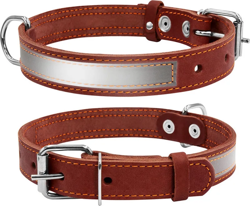 CoLLar Halsband / Hondenhalsband - Leder - Reflecterend - Breedte: 25 mm - Nekomtrek: 38 - 50 cm (GELIEVE ALVORENS BESTELLEN OPMETEN) de Waudog en Marron – photo produit