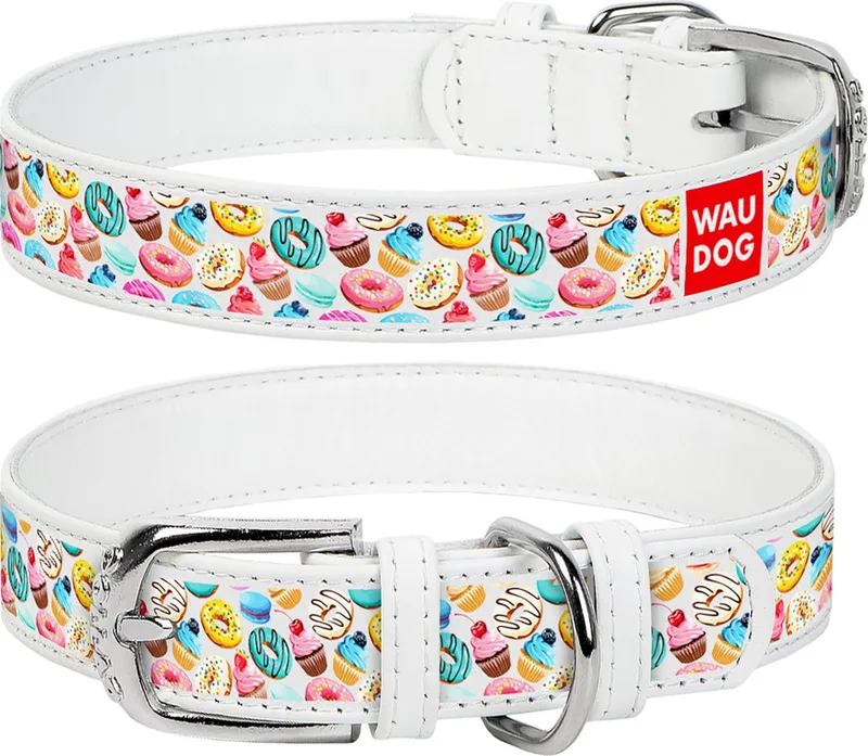 Donuts Halsband / Hondenhalsband - Echt Leder - Wit - Full Colour Print - Breedte: 2,5 cm - Nekomtrek: 38 - 49 cm (GELIEVE ALVORENS BESTELLEN OPMETEN) von Waudog in Wit met donuts print – Produktfoto