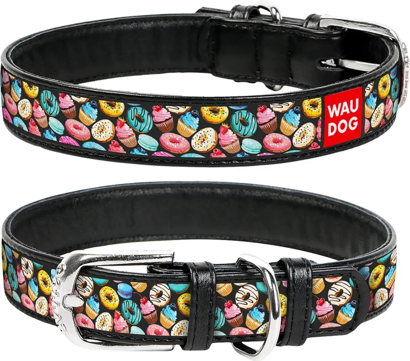 Donuts Halsband / Hondenhalsband - Echt Leder - Zwart - Full Colour Print - Breedte: 12 mm - Nekomtrek: 21 - 29 cm (GELIEVE ALVORENS BESTELLEN OPMETEN) fra Waudog i Zwart met print Donuts – produktbillede