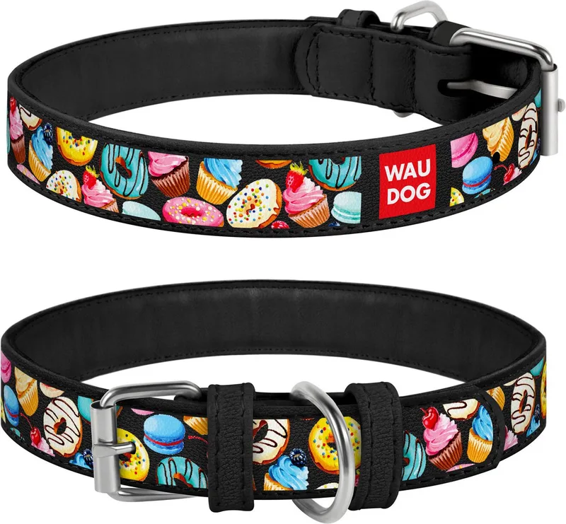 Donuts Halsband / Hondenhalsband - Echt Leder - Zwart - Full Colour Print - Breedte: 3,5 cm - Nekomtrek: 46 - 60 cm (GELIEVE ALVORENS BESTELLEN OPMETEN) by Waudog in Zwart met Donuts print – product photo