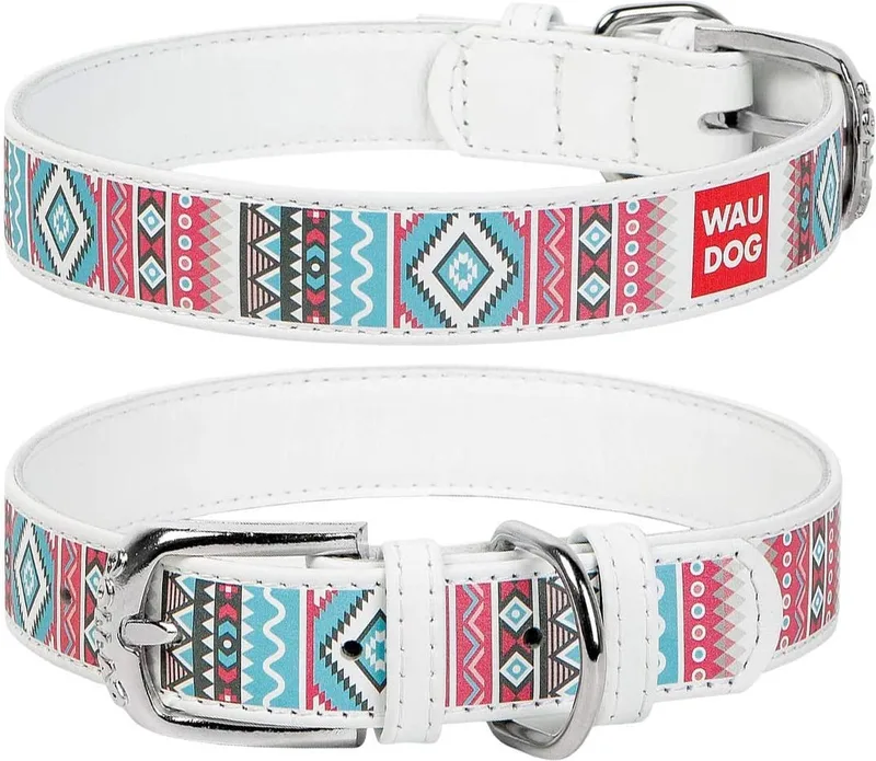 Ethno Halsband / Hondenhalsband - Echt Leder - Wit - Full Colour Print - Breedte: 15 mm - Nekomtrek: 27 - 36 cm (GELIEVE ALVORENS BESTELLEN OPMETEN) by Waudog in Wit met Ethno print – product photo