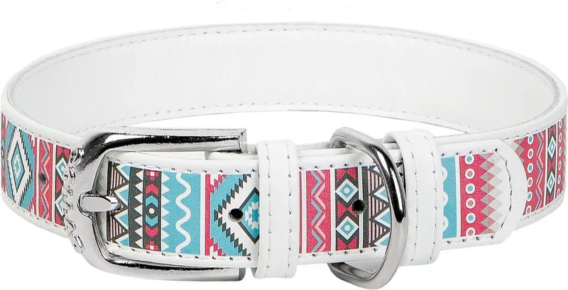 Ethno Halsband / Hondenhalsband - Echt Leder - Wit - Full Colour Print - Breedte: 1,2 cm - Nekomtrek: 19 - 25 cm (GELIEVE ALVORENS BESTELLEN OPMETEN) de Waudog en Wit met multi-colour print – photo produit