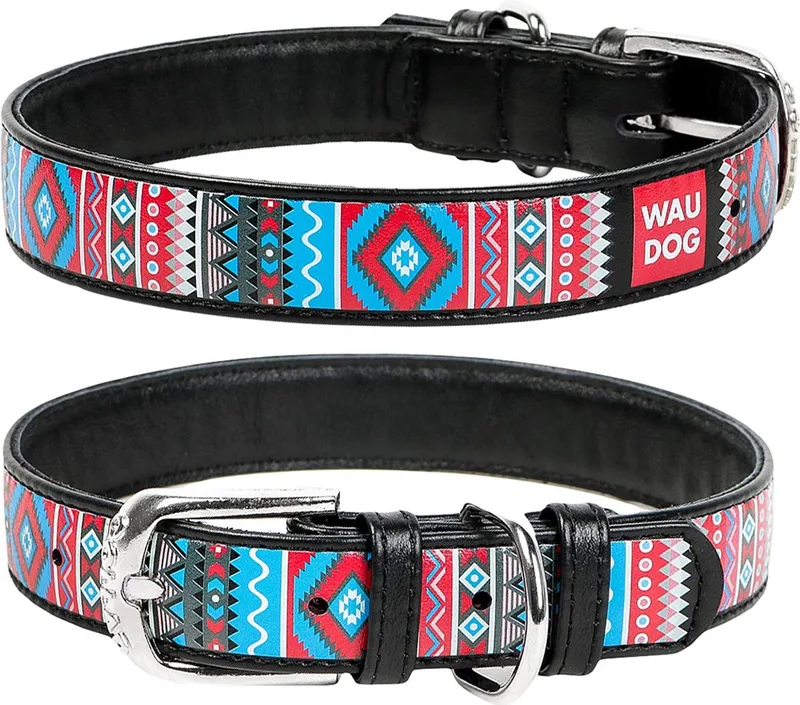 Ethno Halsband / Hondenhalsband - Echt Leder - Zwart - Full Colour Print - Breedte: 15 mm - Nekomtrek: 27 - 36 cm (GELIEVE ALVORENS BESTELLEN OPMETEN) by Waudog in Zwart met Ethno print – product photo