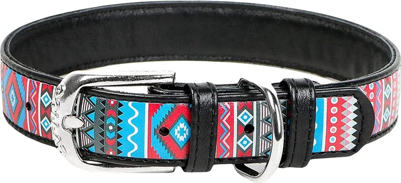 Ethno Halsband / Hondenhalsband - Echt Leder - Zwart - Full Colour Print - Breedte: 12 mm - Nekomtrek: 19 - 25 cm (GELIEVE ALVORENS BESTELLEN OPMETEN) de Waudog en Zwart met Ethno print – photo produit