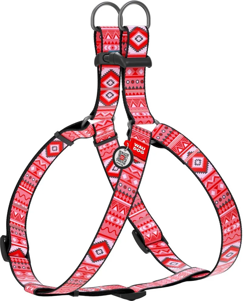 Ethno Harnas / Hondentuigje - Nylon - Gratis QR Tag - Breedte: 15 mm - Borstomtrek: 40 - 55 cm (GELIEVE ALVORENS BESTELLEN OPMETEN) van Waudog in Rood – productfoto