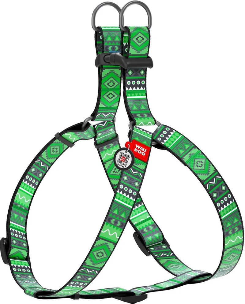 Ethno Harnas / Hondentuigje - Nylon - Gratis QR Tag - Breedte: 15 mm - Borstomtrek: 40 - 55 cm (GELIEVE ALVORENS BESTELLEN OPMETEN) van Waudog in Groen – productfoto