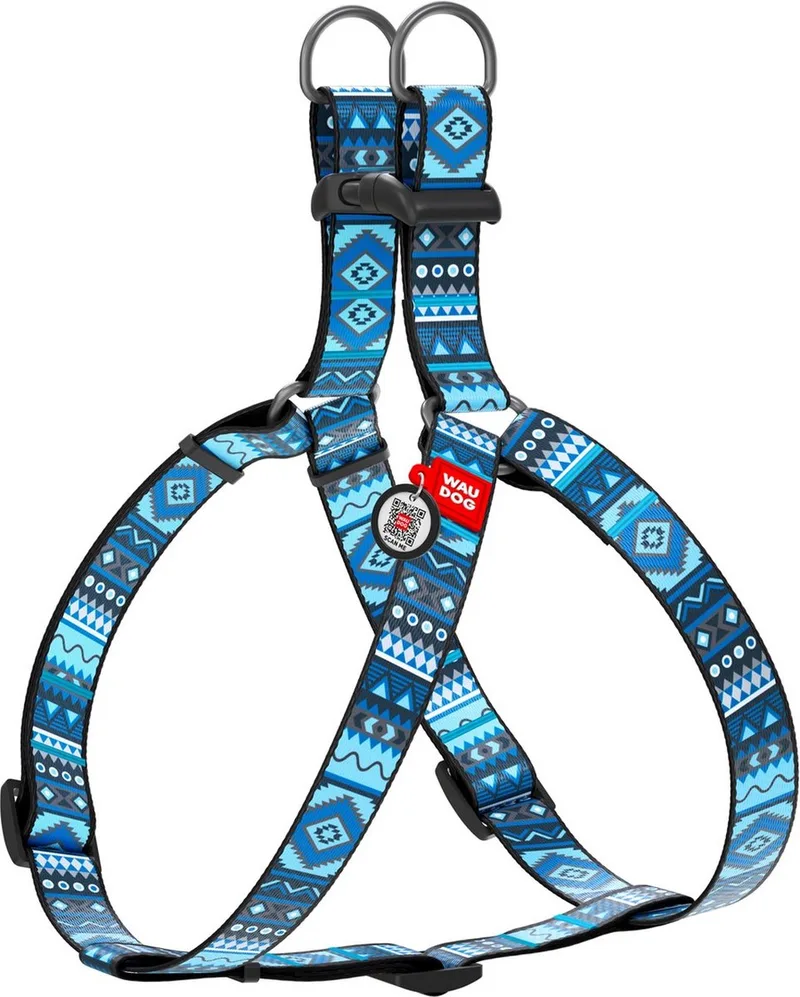 Ethno Harnas / Hondentuigje - Nylon - Gratis QR Tag - Breedte: 15 mm - Borstomtrek: 40 - 55 cm (GELIEVE ALVORENS BESTELLEN OPMETEN) de Waudog en Bleu – photo produit