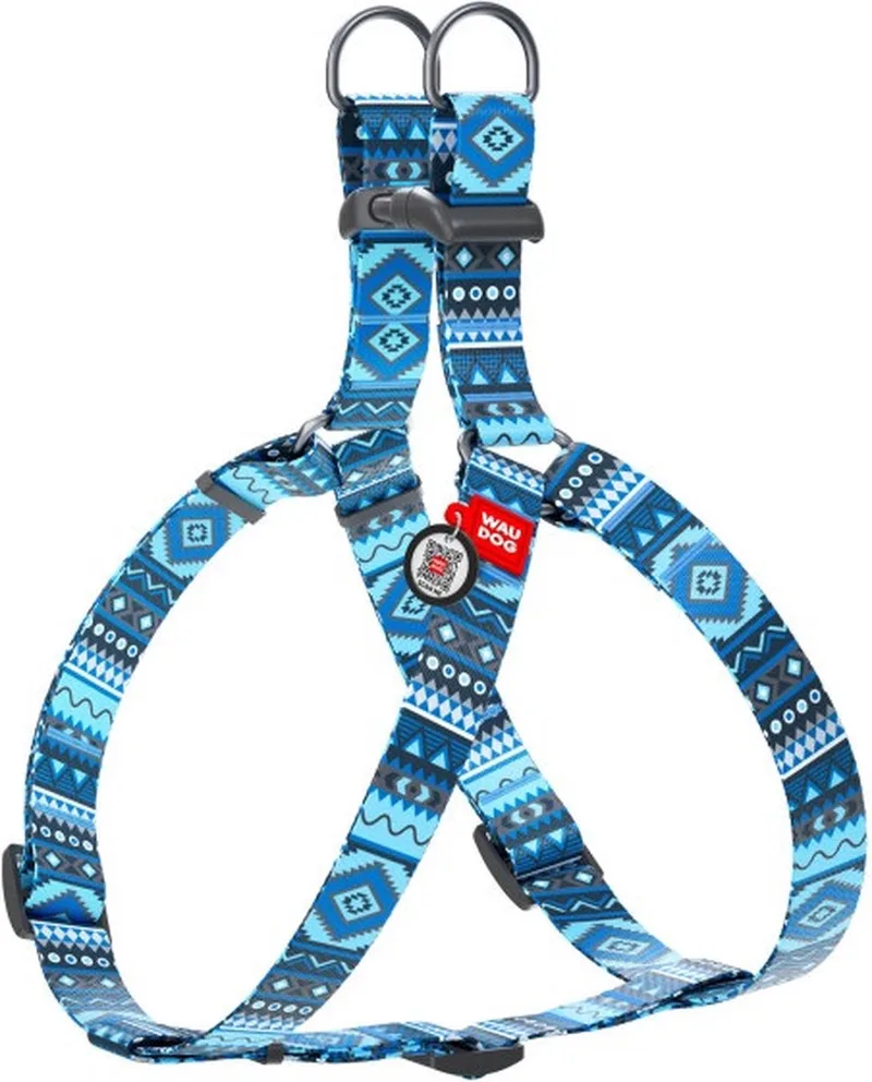 Ethno Harnas / Hondentuigje - Nylon - Gratis QR Tag - Breedte: 20 mm - Borstomtrek: 50 - 80 cm (GELIEVE ALVORENS BESTELLEN OPMETEN) by Waudog in Blue – product photo