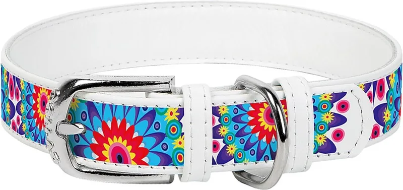 Flower Halsband / Hondenhalsband - Echt Leder - Wit - Full Colour Print - Breedte: 12 mm - Nekomtrek: 19 - 25 cm (GELIEVE ALVORENS BESTELLEN OPMETEN) by Waudog in Wit met multi-colour print – product photo