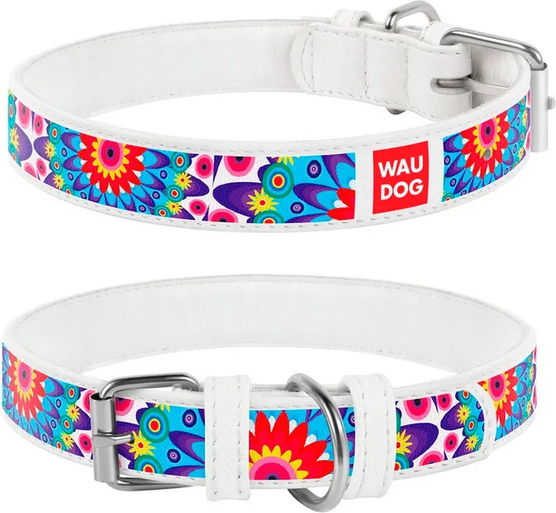 Flower Halsband / Hondenhalsband - Echt Leder - Wit - Full Colour Print - Breedte: 35 mm - Nekomtrek: 46 - 60 cm (GELIEVE ALVORENS BESTELLEN OPMETEN) von Waudog in Wit met Flower print – Produktfoto