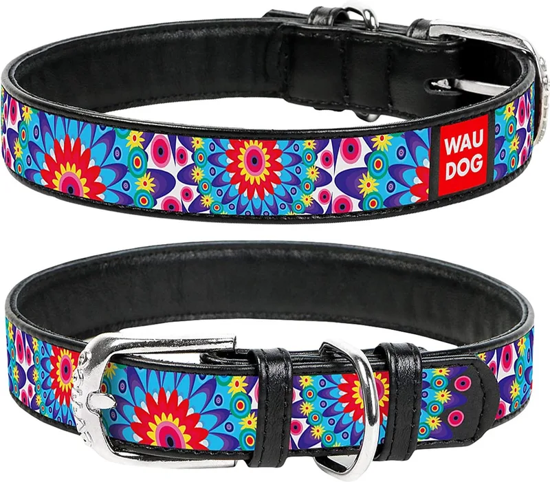 Flower Halsband / Hondenhalsband - Echt Leder - Zwart - Full Colour Print - Breedte: 12 mm - Nekomtrek: 21 - 29 cm (GELIEVE ALVORENS BESTELLEN OPMETEN) von Waudog in Zwart met Flower print – Produktfoto