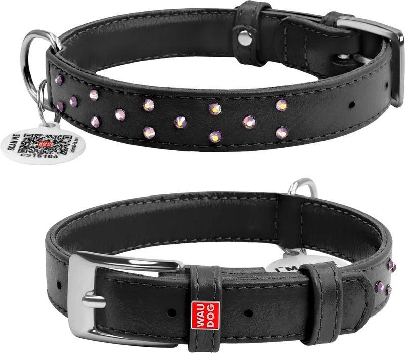 Glamour Deco Halsband / Hondenhalsband - Echt Leder - met Strass steentjes - M - Breedte: 20 mm - Nekomtrek: 30 - 39 cm (GELIEVE ALVORENS BESTELLEN OPMETEN) by Waudog in Black – product photo