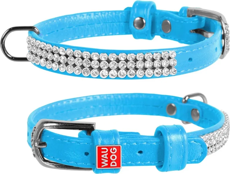 Glamour Halsband / Hondenhalsband - Echt Leder - met Strass steentjes - XS - Breedte: 12 mm - Nekomtrek: 21 - 29 cm (GELIEVE ALVORENS BESTELLEN OPMETEN) van Waudog in Blauw – productfoto