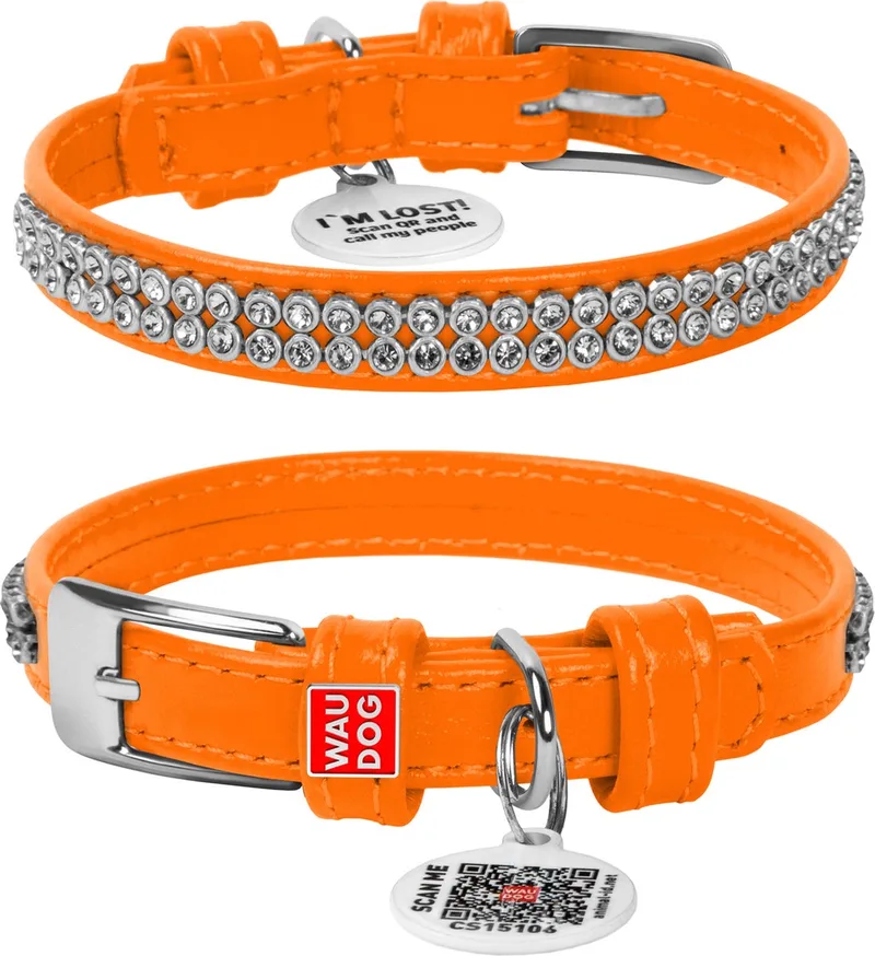 Glamour Halsband / Hondenhalsband - Echt Leder - met Strass steentjes - XXS - Breedte: 9 mm - Nekomtrek: 19 - 25 cm (GELIEVE ALVORENS BESTELLEN OPMETEN) by Waudog in Orange – product photo