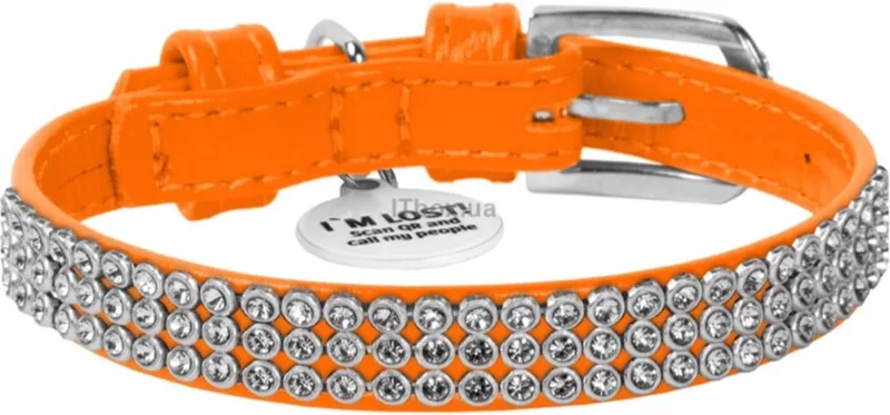 Glamour Halsband / Hondenhalsband - Echt Leder - met Strass steentjes - XS - Breedte: 12 mm - Nekomtrek: 21 - 29 cm (GELIEVE ALVORENS BESTELLEN OPMETEN) by Waudog in Orange – product photo