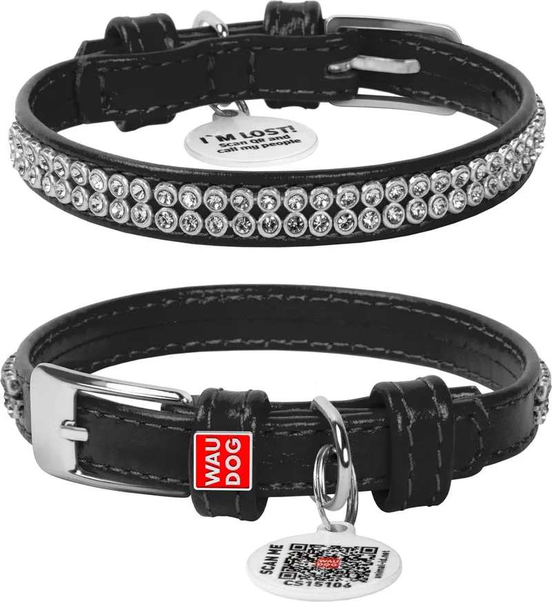 Glamour Halsband / Hondenhalsband - Echt Leder - met Strass steentjes - XS - Breedte: 1,2 cm - Nekomtrek: 21 - 29 cm (GELIEVE ALVORENS BESTELLEN OPMETEN) de Waudog en Noir – photo produit