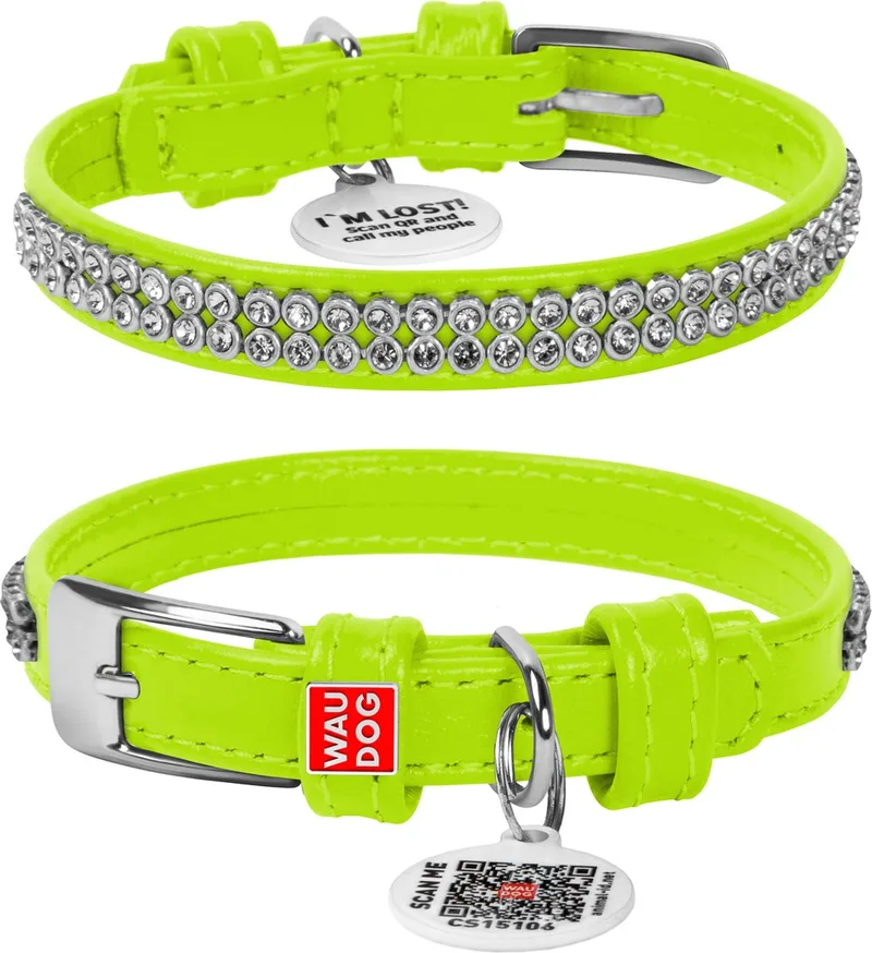 Glamour Halsband / Hondenhalsband - Echt Leder - met Strass steentjes - XXS - Breedte: 9 mm - Nekomtrek: 18 - 21 cm (GELIEVE ALVORENS BESTELLEN OPMETEN) by Waudog in Green – product photo