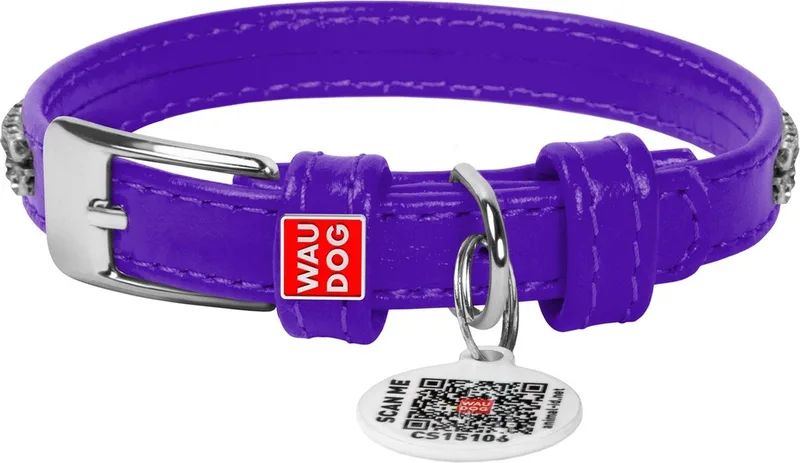 Glamour Halsband / Hondenhalsband - Echt Leder - met Strass steentjes - XXS - Breedte: 9 mm - Nekomtrek: 19 - 25 cm (GELIEVE ALVORENS BESTELLEN OPMETEN) by Waudog in Purple – product photo