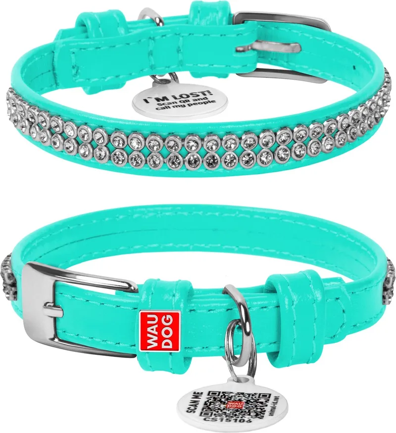 Glamour Halsband / Hondenhalsband - Echt Leder - met Strass steentjes - XXS - Breedte: 9 mm - Nekomtrek: 19 - 25 cm (GELIEVE ALVORENS BESTELLEN OPMETEN) von Waudog in Mint – Produktfoto