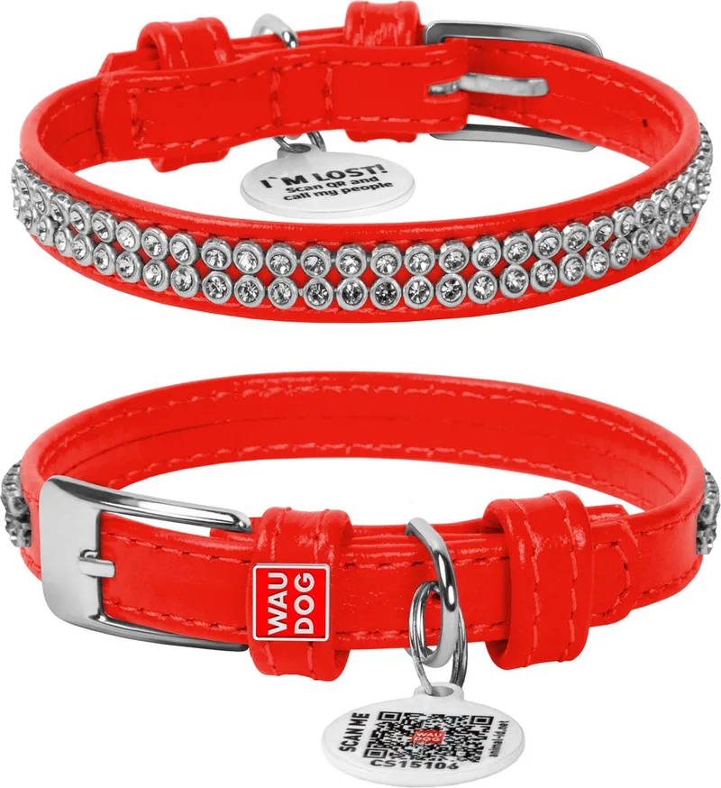 Glamour Halsband / Hondenhalsband - Echt Leder - met Strass steentjes - XXS - Breedte: 9 mm - Nekomtrek: 19 - 25 cm (GELIEVE ALVORENS BESTELLEN OPMETEN) by Waudog in Red – product photo