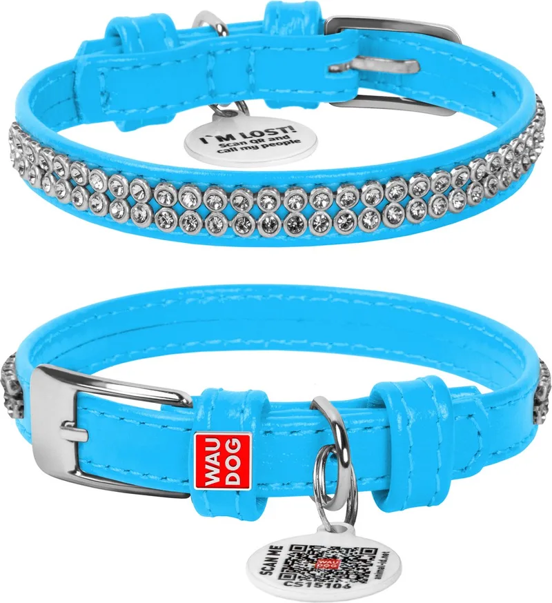 Glamour Halsband / Hondenhalsband - Echt Leder - met Strass steentjes - XXS - Breedte: 9 mm - Nekomtrek: 19 - 25 cm (GELIEVE ALVORENS BESTELLEN OPMETEN) von Waudog in Blau – Produktfoto