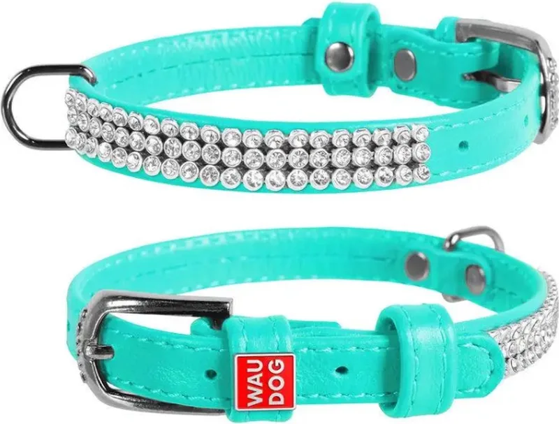 Glamour Halsband / Hondenhalsband - Echt Leder - met Strass steentjes - XS - Breedte: 12 mm - Nekomtrek: 21 - 29 cm (GELIEVE ALVORENS BESTELLEN OPMETEN) fra Waudog i Mint – produktbillede