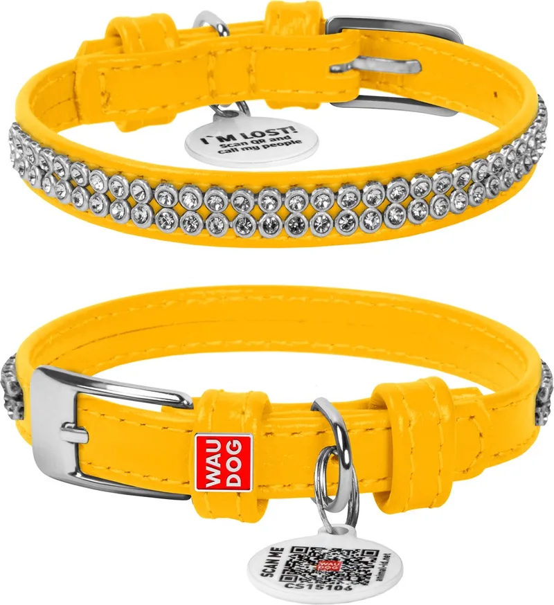 Glamour Halsband / Hondenhalsband - Echt Leder - met Strass steentjes - XXS - Breedte: 9 mm - Nekomtrek: 18 - 21 cm (GELIEVE ALVORENS BESTELLEN OPMETEN) by Waudog in Yellow – product photo