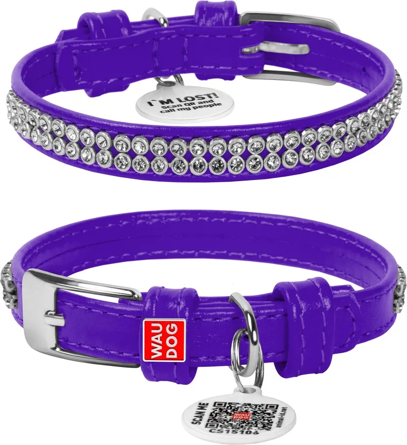 Glamour Halsband / Hondenhalsband - Echt Leder - met Strass steentjes - XXS - Breedte: 9 mm - Nekomtrek: 18 - 21 cm (GELIEVE ALVORENS BESTELLEN OPMETEN) by Waudog in Purple – product photo