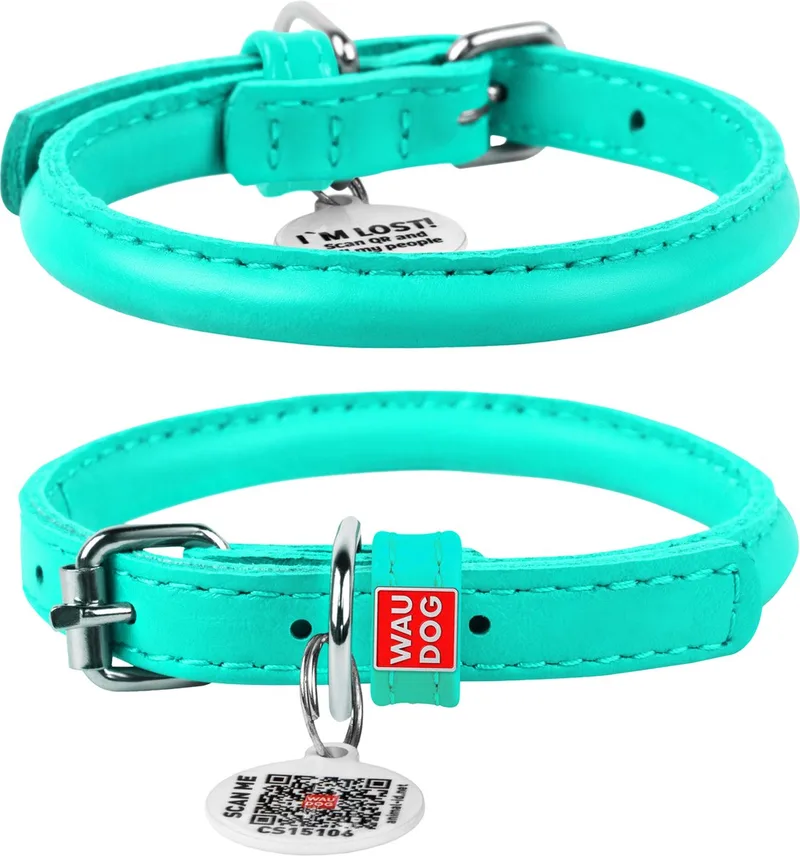 Glamour Rolled Halsband - Rond leder - Gratis QR-tag - XS - Diameter: 8 mm - Nekomtrek: 20 - 25 cm (GELIEVE VOORAF BESTELLEN OPMETEN) by Waudog in Mint – product photo